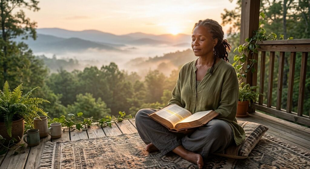 Diverse person meditating on sunlit porch with open Bible overlooking misty mountains at dawn symbolizing spiritual growth and inner peace.