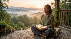 Diverse person meditating on sunlit porch with open Bible overlooking misty mountains at dawn symbolizing spiritual growth and inner peace.