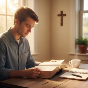 Young adult deeply engaged in Bible study in a serene, sunlit home nook with notebook and tea.