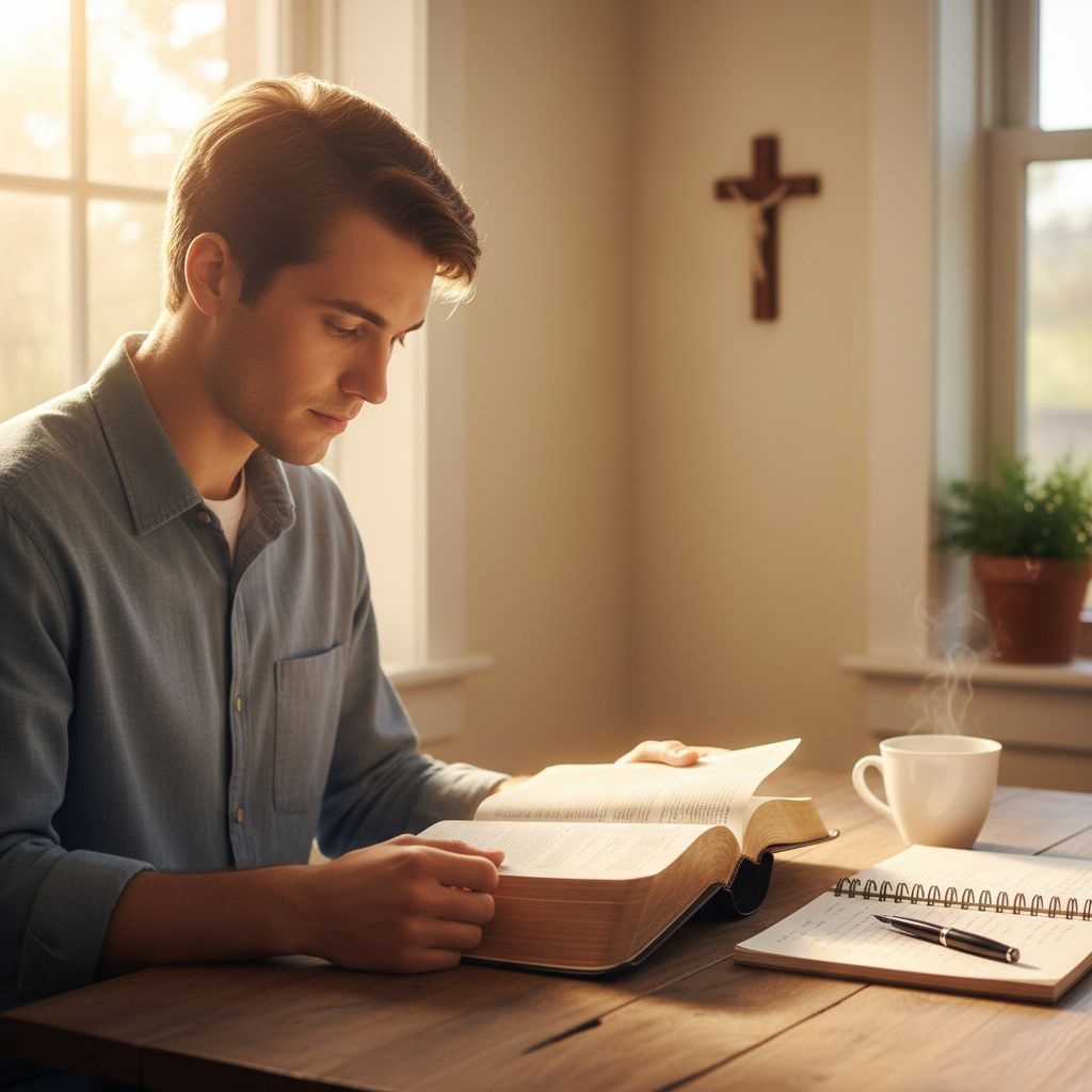 Young adult deeply engaged in Bible study in a serene, sunlit home nook with notebook and tea.