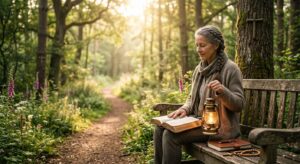 Serene Christian person on forest path at dawn holding Bible and lantern, sunlight on prayer beads and journal, symbolizing spiritual journey and growth.