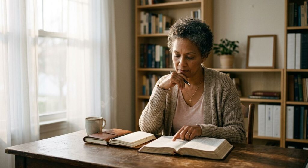 Serene morning devotional scene in cozy study with open Bible, coffee, journal, and thoughtful person reflecting spiritually.
