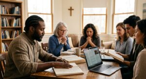 Diverse group engaged in prayer and discussion in a sunlit community room with open book, laptop, and spiritual bookshelves