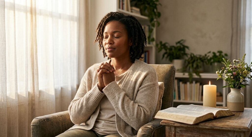 Diverse adult in prayer meditation in sunlit cozy home study with Bible, candle, flowers, evoking spiritual peace and transformation