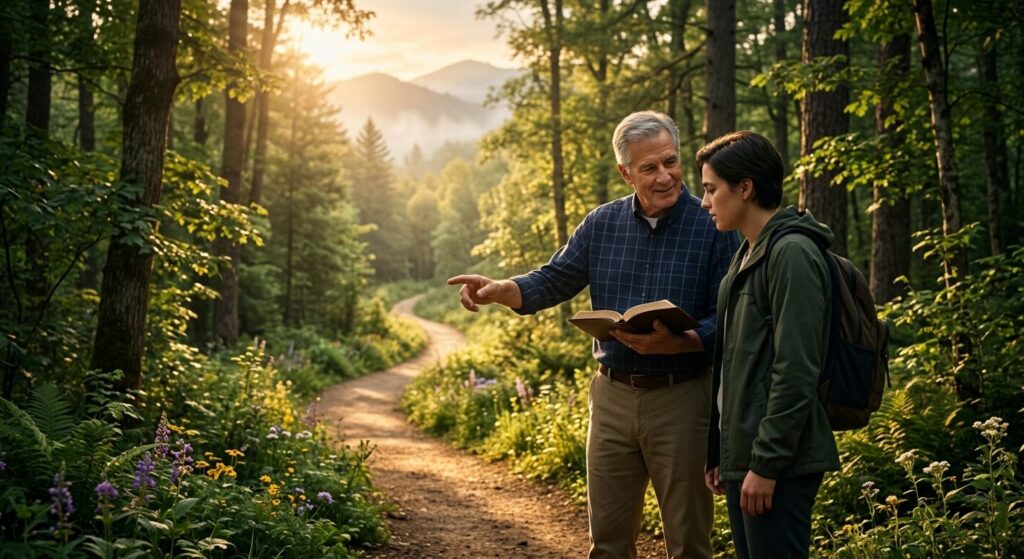 Inspirational landscape photo of young adult starting spiritual journey on forest path at sunrise, guided by mentor holding open Bible.