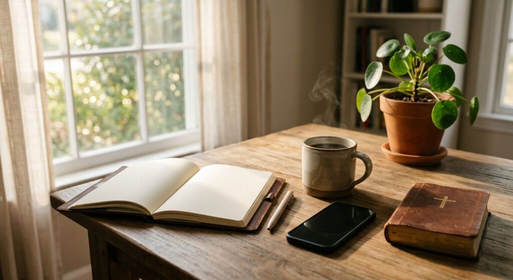 A peaceful desk with an open journal, coffee mug, phone, and Bible, bathed in morning sunlight from a window.