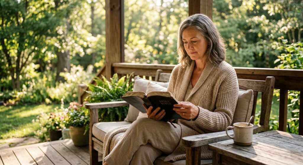 Person holding an open Bible on a sunlit porch, conveying peaceful spiritual reflection and devotion