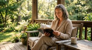 Person holding an open Bible on a sunlit porch, conveying peaceful spiritual reflection and devotion