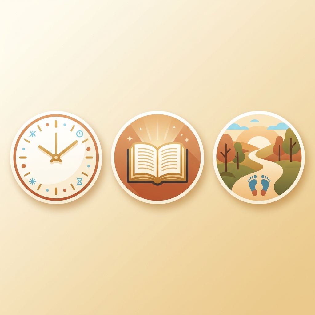 Three flat-style icons for daily spiritual practices: a peaceful clock, an open Bible with light, and feet on a winding path, on a soft gradient background.