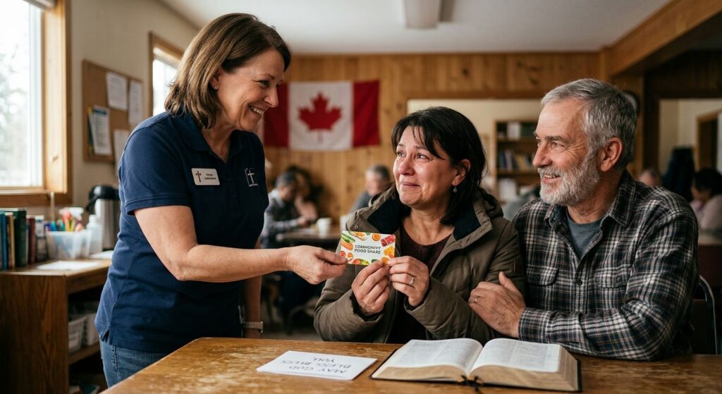 A Christian community center volunteer in Canada hands a grocery gift card to a grateful couple in a warm, welcoming room with a Canadian flag and open Bible
