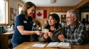 A Christian community center volunteer in Canada hands a grocery gift card to a grateful couple in a warm, welcoming room with a Canadian flag and open Bible