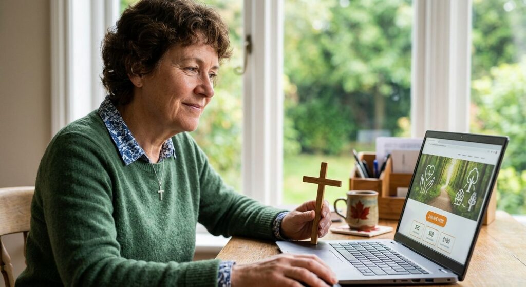 Person at a wooden desk viewing a donation page on a laptop with a 'Donate Now' button, a small wooden cross and a Canadian maple leaf on the desk, natural light from a window with blurred greenery, warm tones, shallow depth of field.
