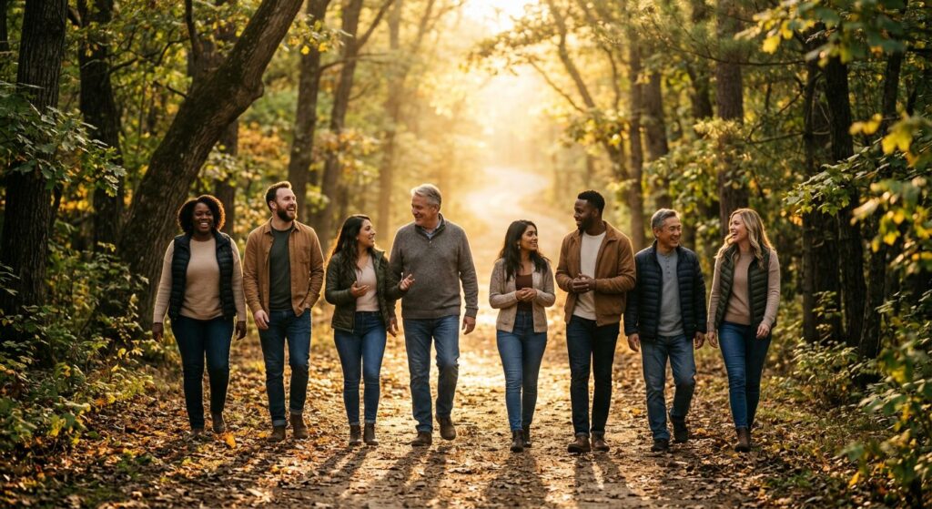 A diverse group of people walking together on a forest path illuminated by warm golden sunlight, with a radiant glow ahead symbolizing spiritual guidance