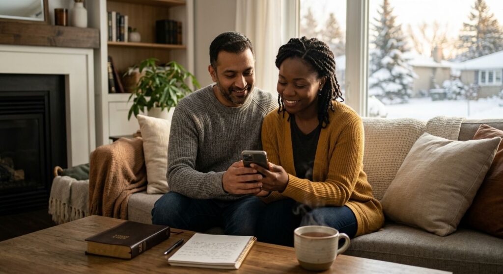 A smiling Canadian couple sitting in a cozy living room holding a phone on speaker mode, with a Bible and journal on the coffee table, receiving compassionate prayer support through a Christian helpline.