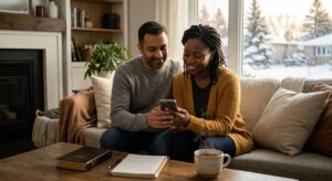 A smiling Canadian couple sitting in a cozy living room holding a phone on speaker mode, with a Bible and journal on the coffee table, receiving compassionate prayer support through a Christian helpline.