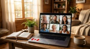Diverse Christians participating in an online virtual fellowship session on a laptop with a small Canadian flag emblem in a sunlit cozy room with a Bible and a coffee mug.