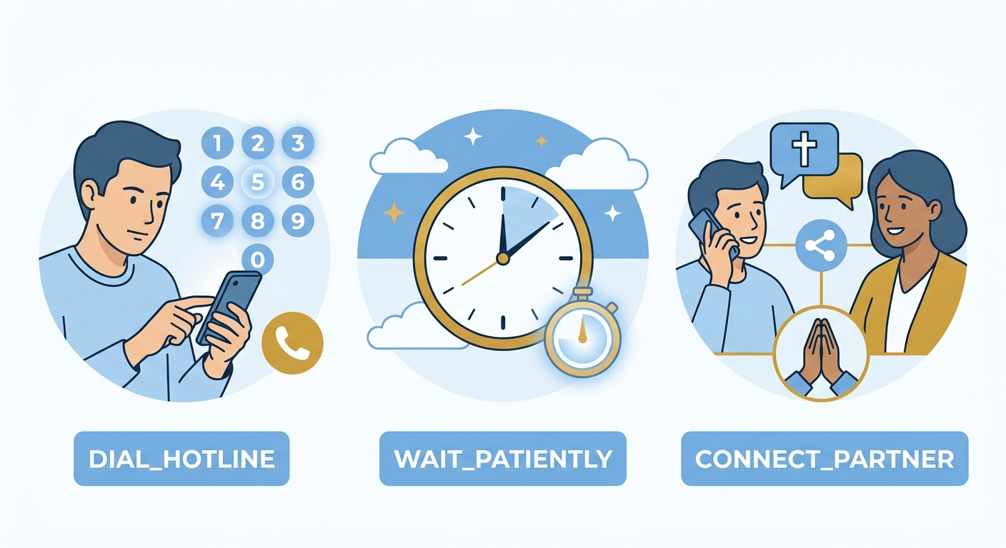 Three-step process flow showing how to call a prayer hotline