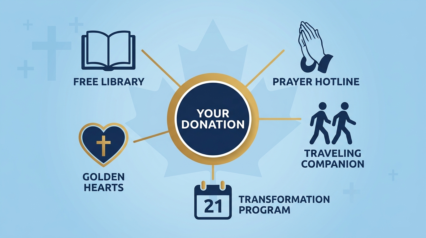 Infographic showing how donations support Path to a Better Life programs including free library, prayer hotline, Traveling Companion, 21-day program, and Golden Hearts assistance.