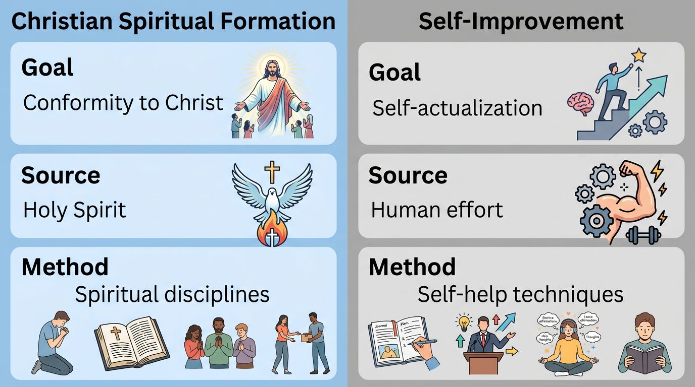 Comparison infographic between Christian spiritual formation and secular self-improvement.