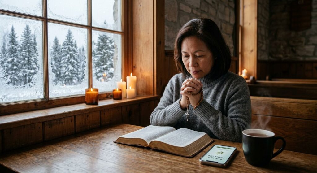 A person of diverse background sits at a wooden table in a Canadian home, hands folded in prayer, with an open Bible, a glowing smartphone, and a steaming mug of tea, while candlelight and snowy forest create a peaceful spiritual atmosphere.