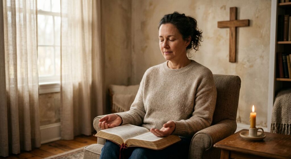Serene scene of a person meditating on an open Bible in a quiet corner with a candle and wooden cross, symbolizing the beginning of Christian meditation.