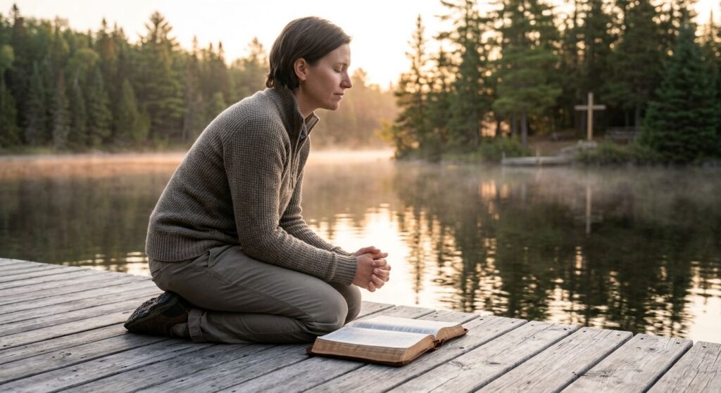 Person kneels in prayer on a wooden dock at a Canadian lakeside at dawn, with an open Bible, warm sunlight through pine trees, and a subtle cross in the background, representing spiritual awakening for faith-based addiction recovery.