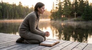 Person kneels in prayer on a wooden dock at a Canadian lakeside at dawn, with an open Bible, warm sunlight through pine trees, and a subtle cross in the background, representing spiritual awakening for faith-based addiction recovery.