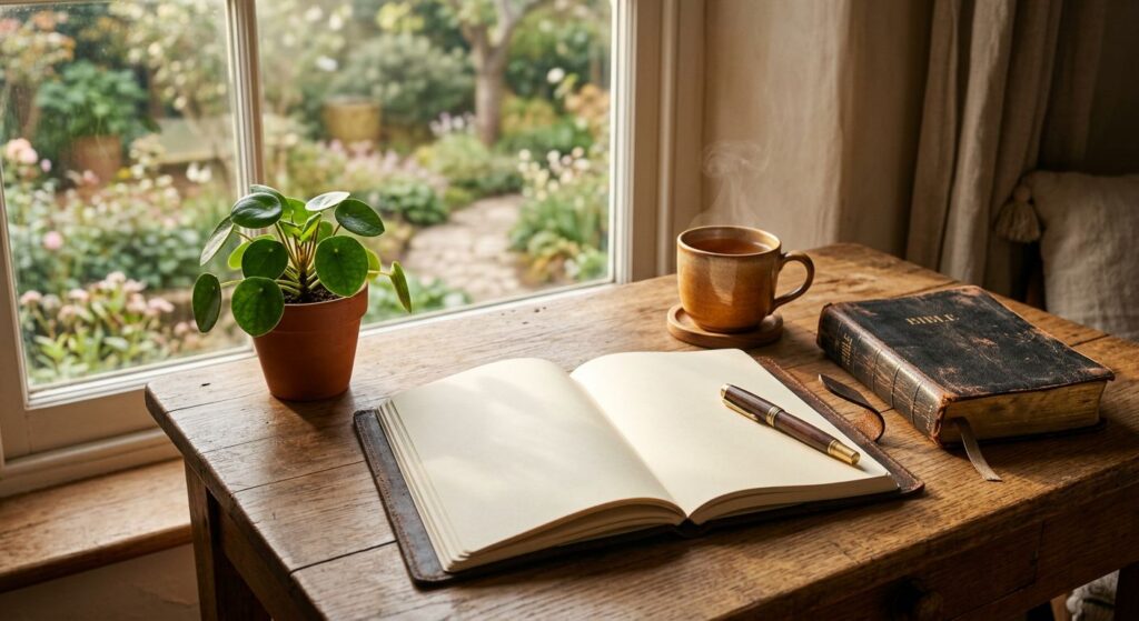 A warmly lit wooden desk by a window overlooking a garden, with an open leather journal, pen, Bible, and a cup of tea, soft morning light illuminating the pages.