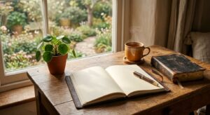 A warmly lit wooden desk by a window overlooking a garden, with an open leather journal, pen, Bible, and a cup of tea, soft morning light illuminating the pages.