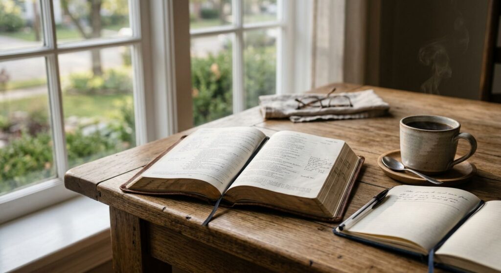 Open Bible on a wooden table with coffee and journal in warm morning sunlight, peaceful devotional scene for a daily Bible reading plan.