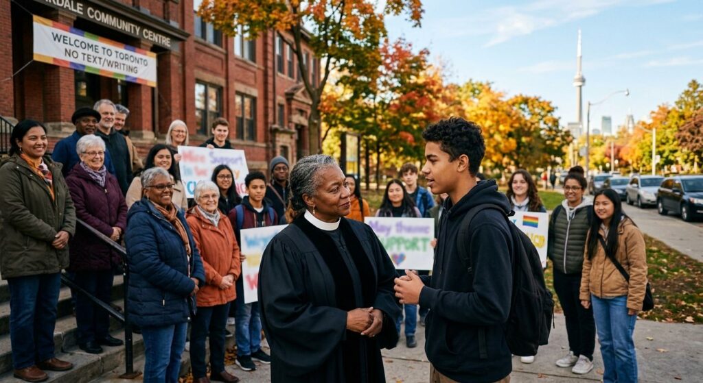 Diverse group on community centre steps in Toronto, woman in pastoral collar listening to teenage boy, community support and hope
