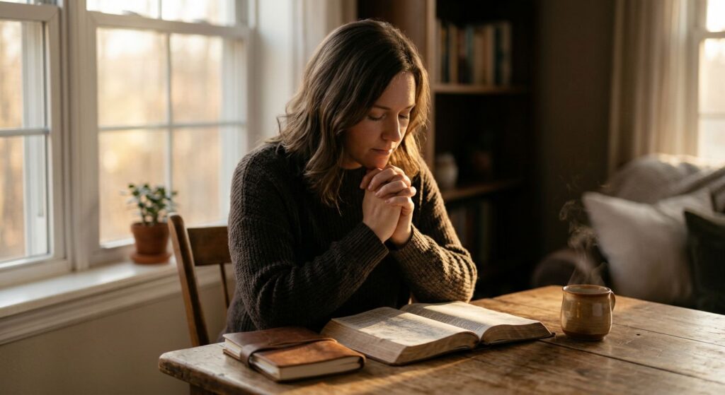 Person sitting in a sunlit room with hands folded in prayer, open Bible and journal on a wooden table, steaming coffee nearby, conveying peace and spiritual devotion through soft morning light.