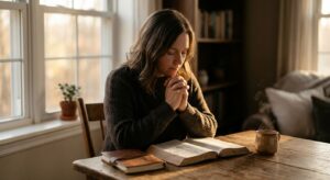 Person sitting in a sunlit room with hands folded in prayer, open Bible and journal on a wooden table, steaming coffee nearby, conveying peace and spiritual devotion through soft morning light.