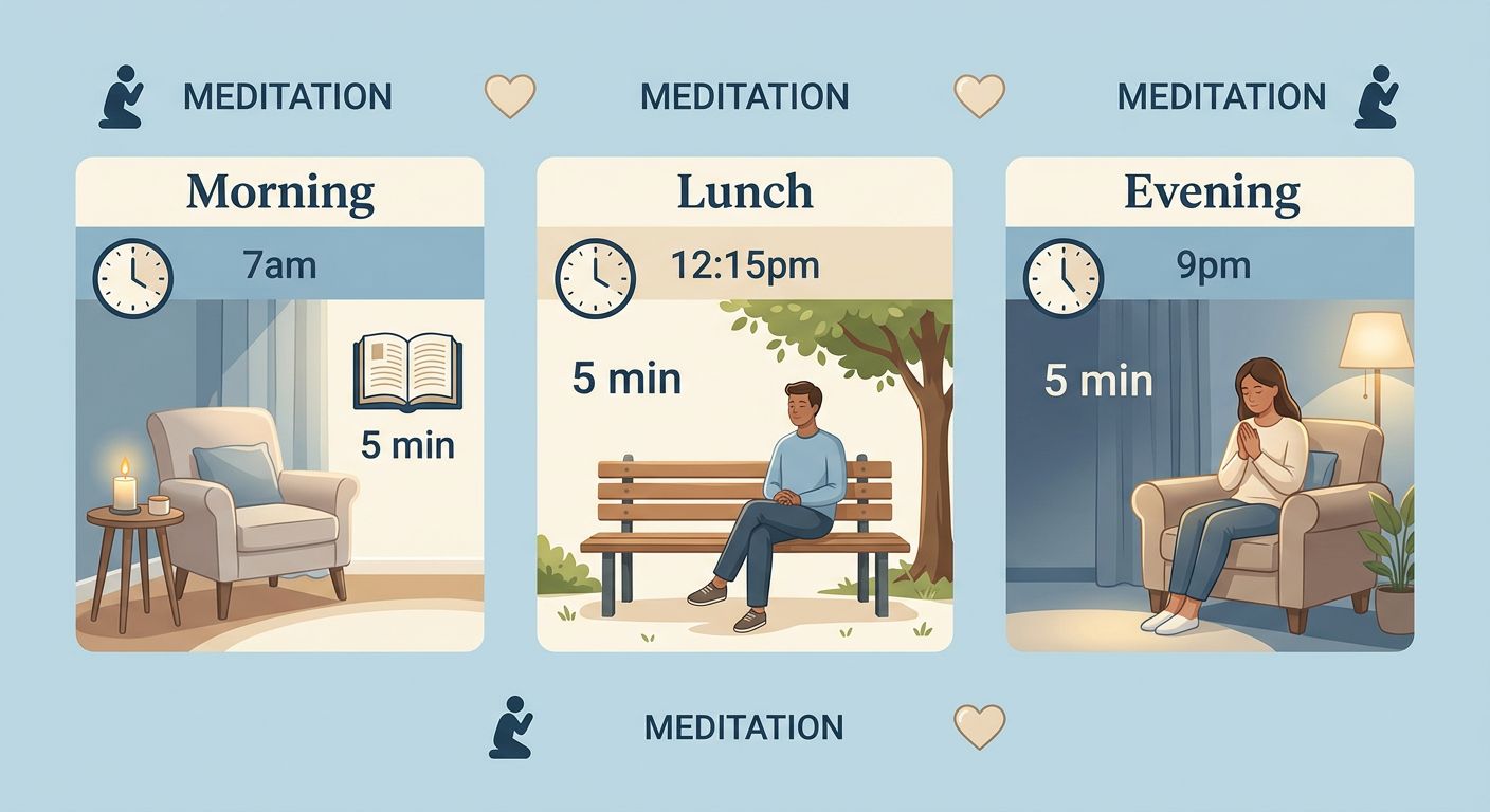 Horizontal infographic with soft blue and cream colors showing three daily meditation schedules for beginners with clock icons and spiritual symbols.