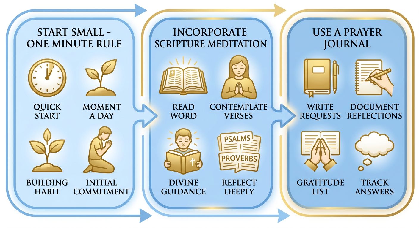 Three-step horizontal flow chart illustrating the process of building daily prayer habits: start small with the One Minute Rule, incorporate scripture meditation, and use a prayer journal. Soft blue and gold palette with clean serif typography.