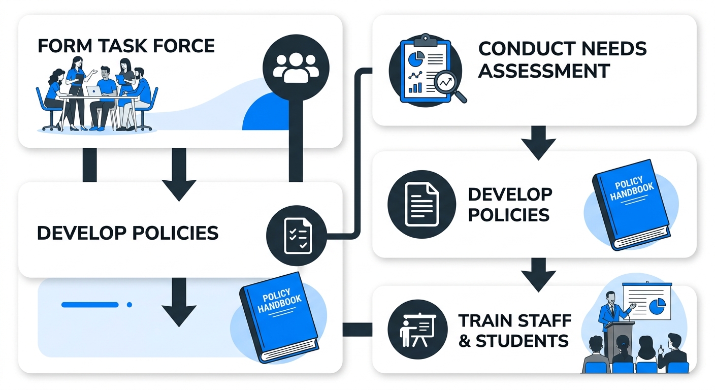 Vertical process flow showing four steps to start a prevention program: form a task force, conduct needs assessment, develop policies, and train staff and students. Clean blue and white design for school and community use.