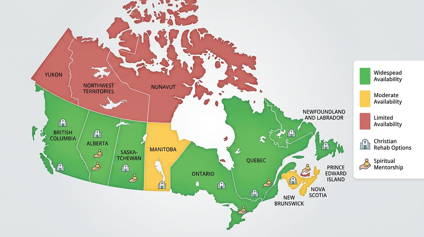 Infographic map of Canada showing faith-based recovery program availability by province and territory with color-coded legend.