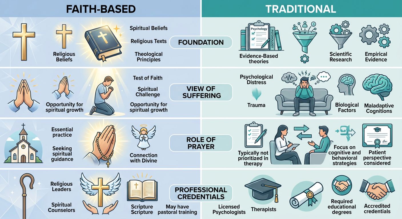 Comparison infographic showing faith-based versus traditional mental health support approaches with icons and bullet-point rows