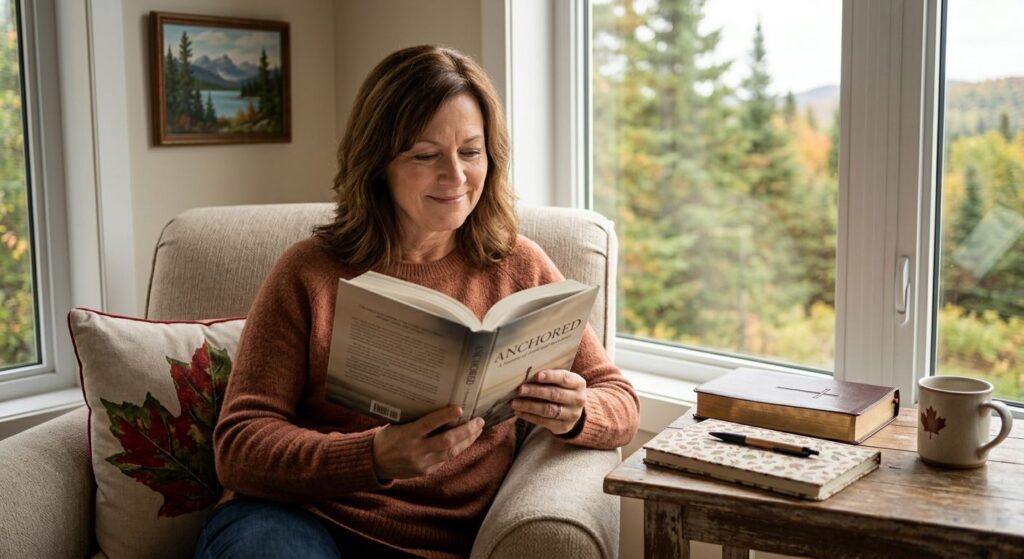 A person reading a Christian book on resilience by a sunlit window, with a Bible and journal nearby, maple leaf cushion, and northern landscape painting.