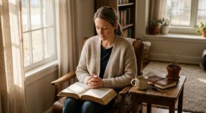 A person sitting in a sunlit room with an open Bible on their lap, eyes closed in prayer, a journal and teacup on a side table, conveying peaceful daily spiritual practice.