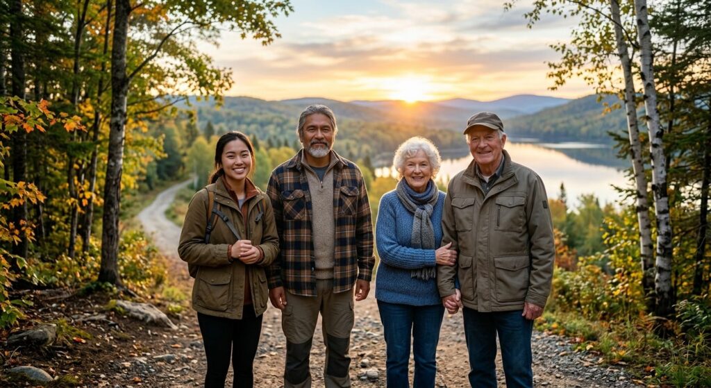 A diverse group of Canadians walking together on a peaceful trail towards a radiant sunrise over rolling hills and a calm lake, reflecting spiritual renewal and community.