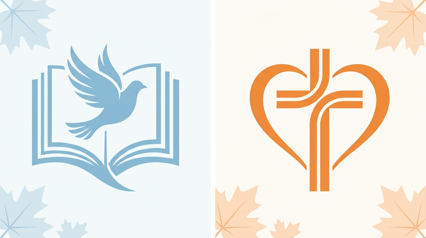 Infographic with two panels illustrating Christian books for depression recovery. Left panel shows a Bible and dove icon in soft blue, right panel shows a cross and heart icon in warm orange.
