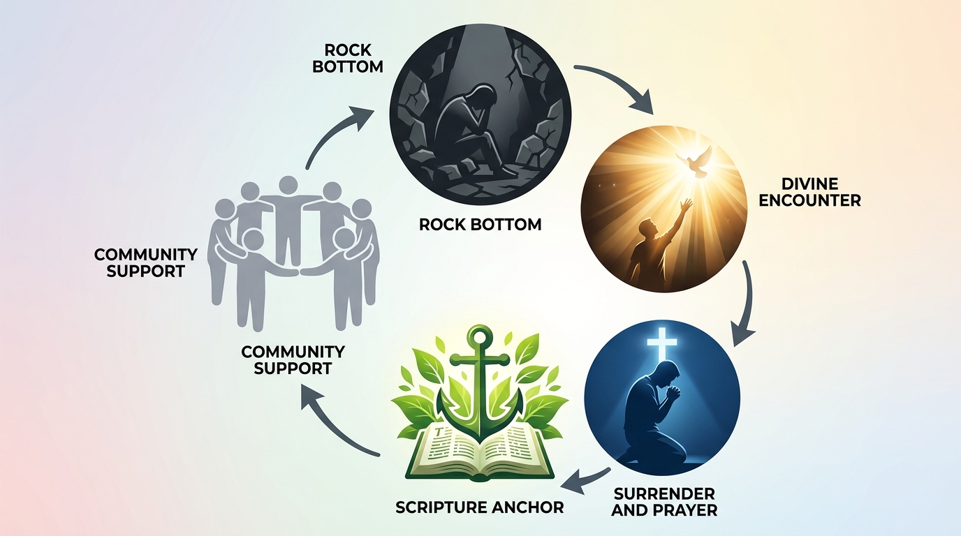 Faith-centered recovery journey infographic with circular flow from rock bottom to community support