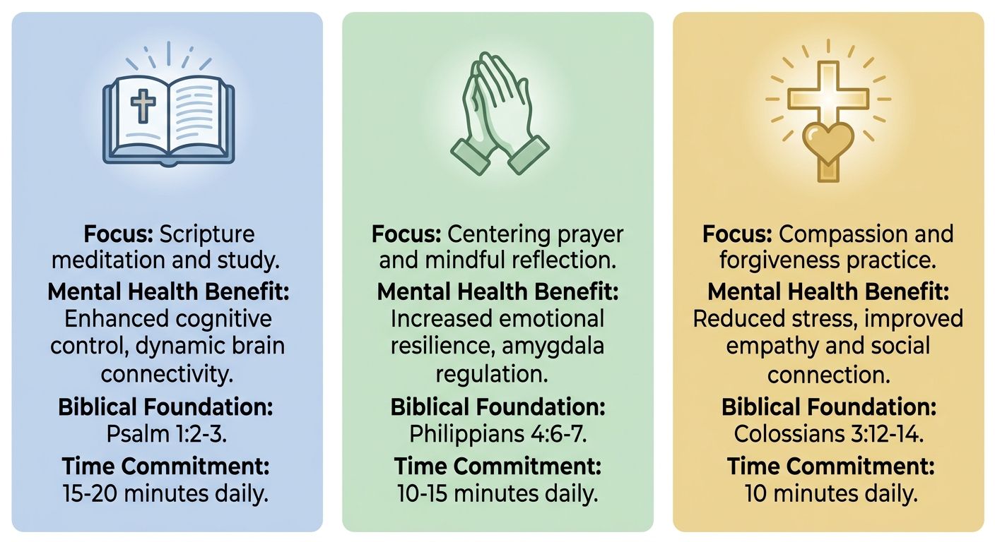 Infographic comparing scripture meditation, Christian mindfulness, and prayer with their mental health benefits and biblical foundations