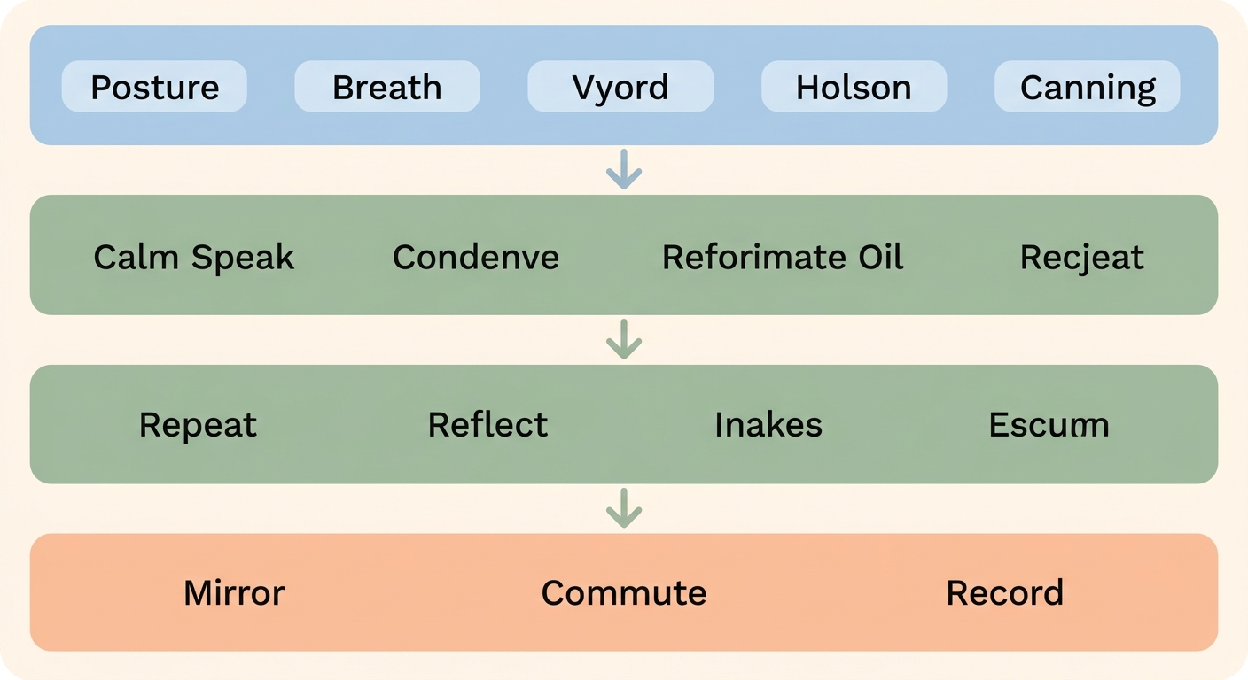Vertical process flow diagram guiding a person through speaking affirmations aloud with intention, showing four connected steps with icons and labels.