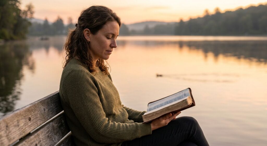 Person holding an open Bible on a bench beside a calm lake at sunrise, reading the Psalms with a peaceful expression.