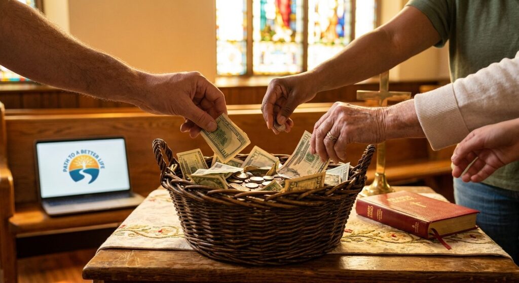 Diverse hands placing donations into a woven collection basket in a sunlit church sanctuary