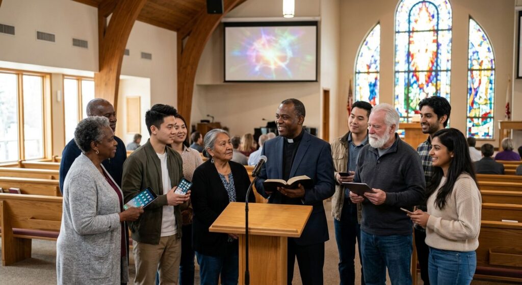 Group of church members with tablets and phones in a bright modern church hall with stained glass windows
