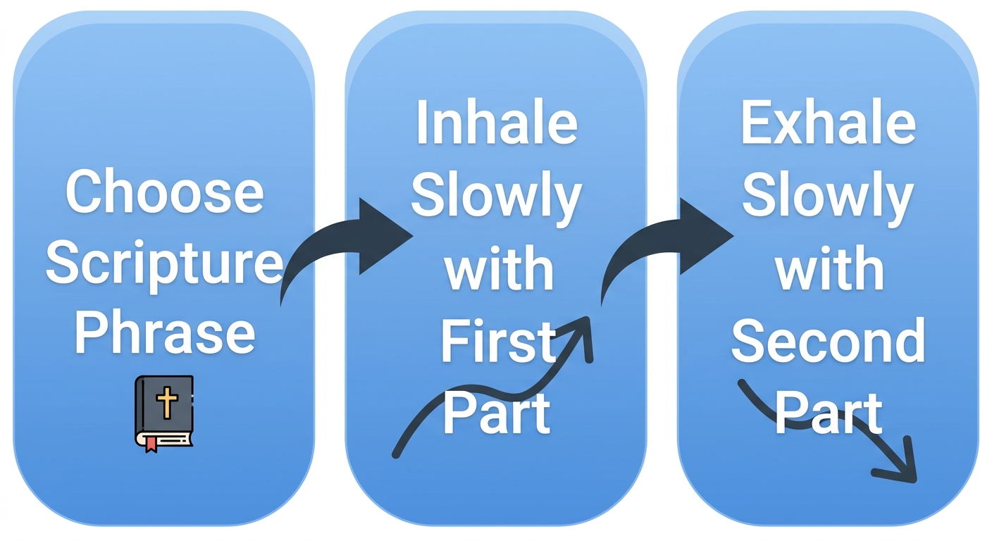 Christian breath prayer practice visualization showing three steps: choose a scripture phrase, inhale slowly, exhale slowly