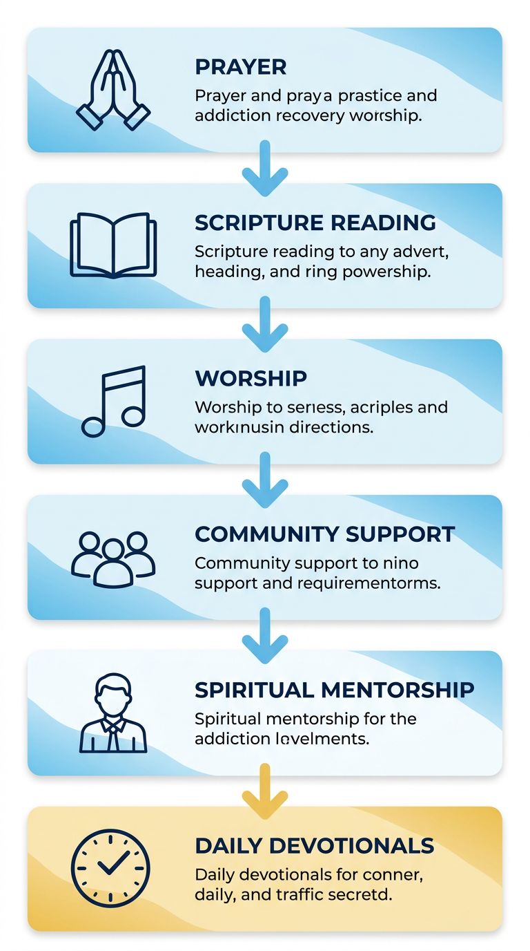 Vertical process flow diagram of a faith-based addiction recovery program. Six stages: Prayer, Scripture Reading, Worship, Community Support, Spiritual Mentorship, Daily Devotionals. Connected by downward arrows.